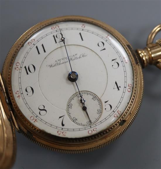 A 19th century engine turned gold plated Waltham hunter keyless pocket watch.